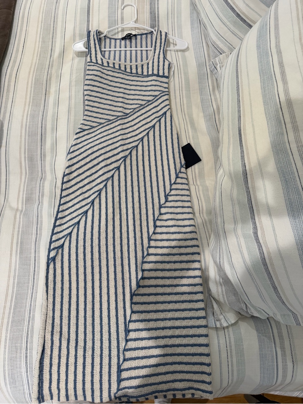 Sleeveless Blue and Cream Striped Knit Midi Dress
